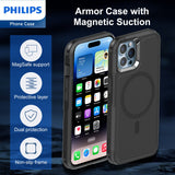 Philips iPhone 15 Pro Max Armor Magnetic Case with MagSafe, Bumper Shell with Lanyards, Heavy Duty Dual-Layer Shockproof Drop Protection Phone Case for Men Women Anti-Slip Dustproof Shockproof - Black DLK6123B