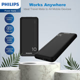 Philips 10000mAh Power Bank 5V/2.1A with Dual USB A and USB-C Input Ports, Portable Charger Battery Pack Fast Charging Universal Power Bank Black DLP1810NB/62