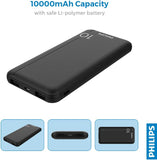 Philips 10000mAh Power Bank 5V/2.1A with Dual USB A and USB-C Input Ports, Portable Charger Battery Pack Fast Charging Universal Power Bank Black DLP1810NB/62