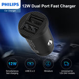 Philips Dual USB-A Port Car Charger with USB-C Cable (DLP2510T)