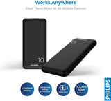 Philips 10000mAh Power Bank 5V/2.1A with Dual USB A and USB-C Input Ports, Portable Charger Battery Pack Fast Charging Universal Power Bank Black DLP1810NB/62