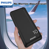 Philips 10000mAh Power Bank 5V/2.1A with Dual USB A and USB-C Input Ports, Portable Charger Battery Pack Fast Charging Universal Power Bank Black DLP1810NB/62