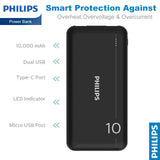 Philips 10000mAh Power Bank 5V/2.1A with Dual USB A and USB-C Input Ports, Portable Charger Battery Pack Fast Charging Universal Power Bank Black DLP1810NB/62