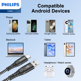 PHILIPS USB Type C Cable, USB-A to USB-C Black Braided Fast Charging Cable, Compatible with iPad Pro, iPhone 15, MacBook, Samsung Galaxy, Google Pixel (200cm USB-A to Type-C Cable) DLC4573A