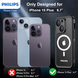 Philips iPhone 15 Plus Full Protection Waterproof Case with MagSafe, Built-in PET Camera Lens Protector，360° Body Heavy Duty Protective Phone Case【Dustproof】【Shockproof】【Snow Proof】- Black DLK6208B