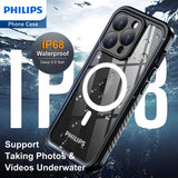 Philips iPhone 15 Pro Max Full Protection Waterproof Case with MagSafe, Built-in PET Camera Lens Protector，360° Body Heavy Duty Protective Phone Case【Dustproof】【Shockproof】【Snow Proof】- Black DLK6210B