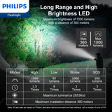 Philips Rechargeable LED Flashlights High Lumens, Adjustable Focus, 1000 Lumens Bright Powerful Handheld Flash Light, 5 Modes Flash Lights for Camping, Emergency, Hiking, Black SFL3601R