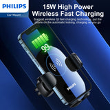 Philips 15W Qi Wireless Fast-Charging Car Mount fit for iPhone 16 15 14 13 12 11 Pro Max Xs, Samsung Galaxy S23 Ultra S22 S21 S20, S10+ S9+ Note 9, etc DLK3525Q