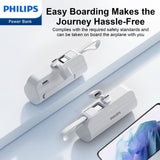 Philips Mini Portable Charger for iPhone 15/16 and Samsung with Cable Port and Plug, 4800mAh Power Bank DLP2550CW