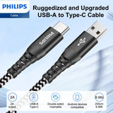 PHILIPS USB Type C Cable, USB-A to USB-C Black Braided Fast Charging Cable, Compatible with iPad Pro, iPhone 15, MacBook, Samsung Galaxy, Google Pixel (200cm USB-A to Type-C Cable) DLC4573A