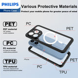Philips iPhone 15 Pro Full Protection Waterproof Case with MagSafe, Built-in PET Camera Lens Protector 360 degree Body Heavy Duty Protective Phone Case Dustproof Shockproof Snow Proof Black DLK6209B